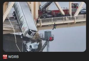 SpiderTaz.com brings you: Rescue crews pull driver from semitruck hanging over Ohio River after collision on the 2nd Street Bridge